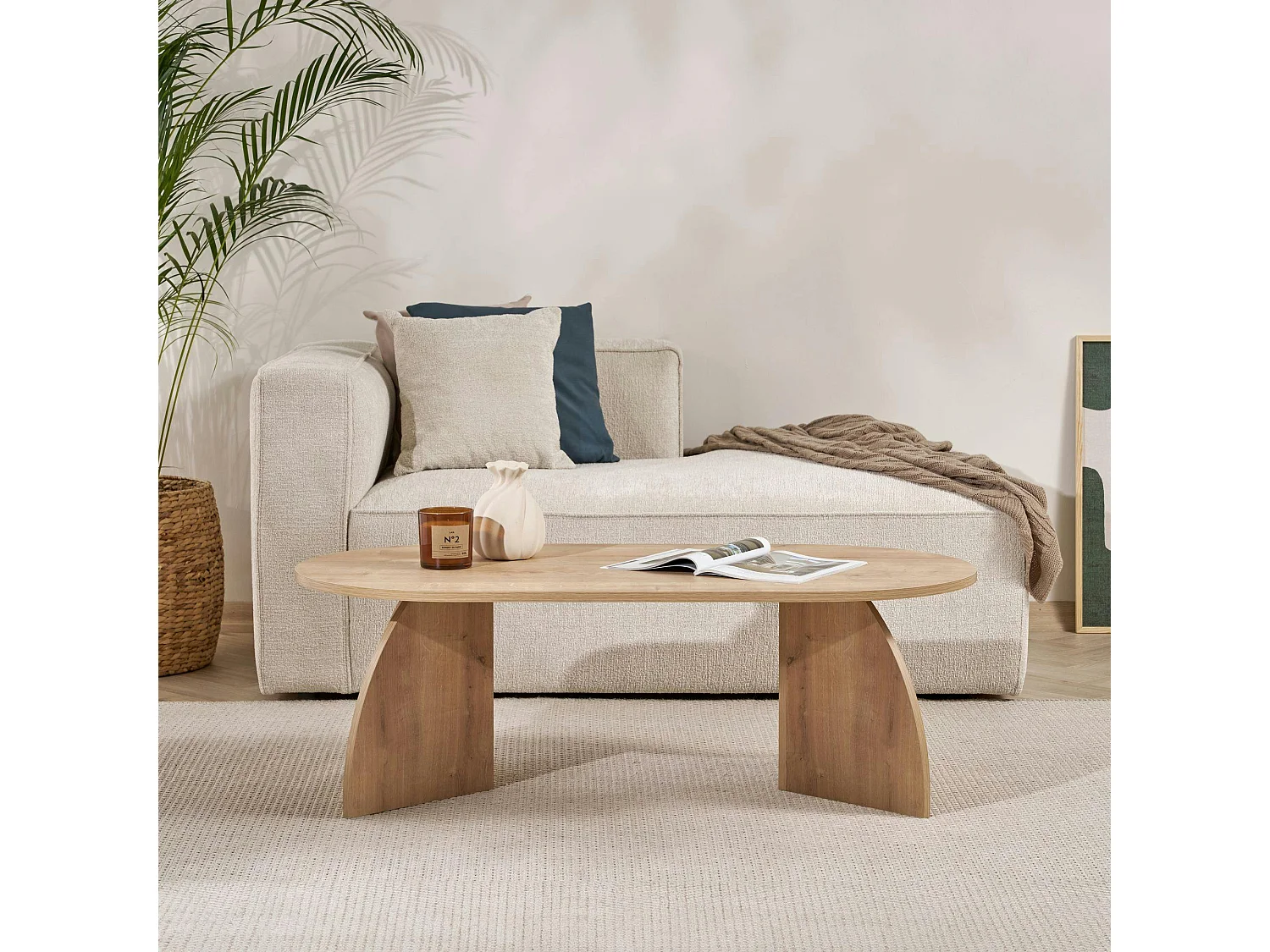 Table basse ovale effet bois de chêne, pieds courbes MARFA