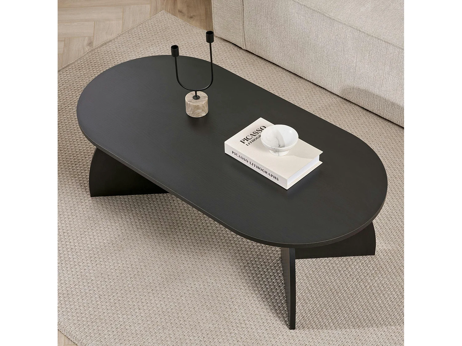Table basse ovale effet bois noir pieds courbes MARFA