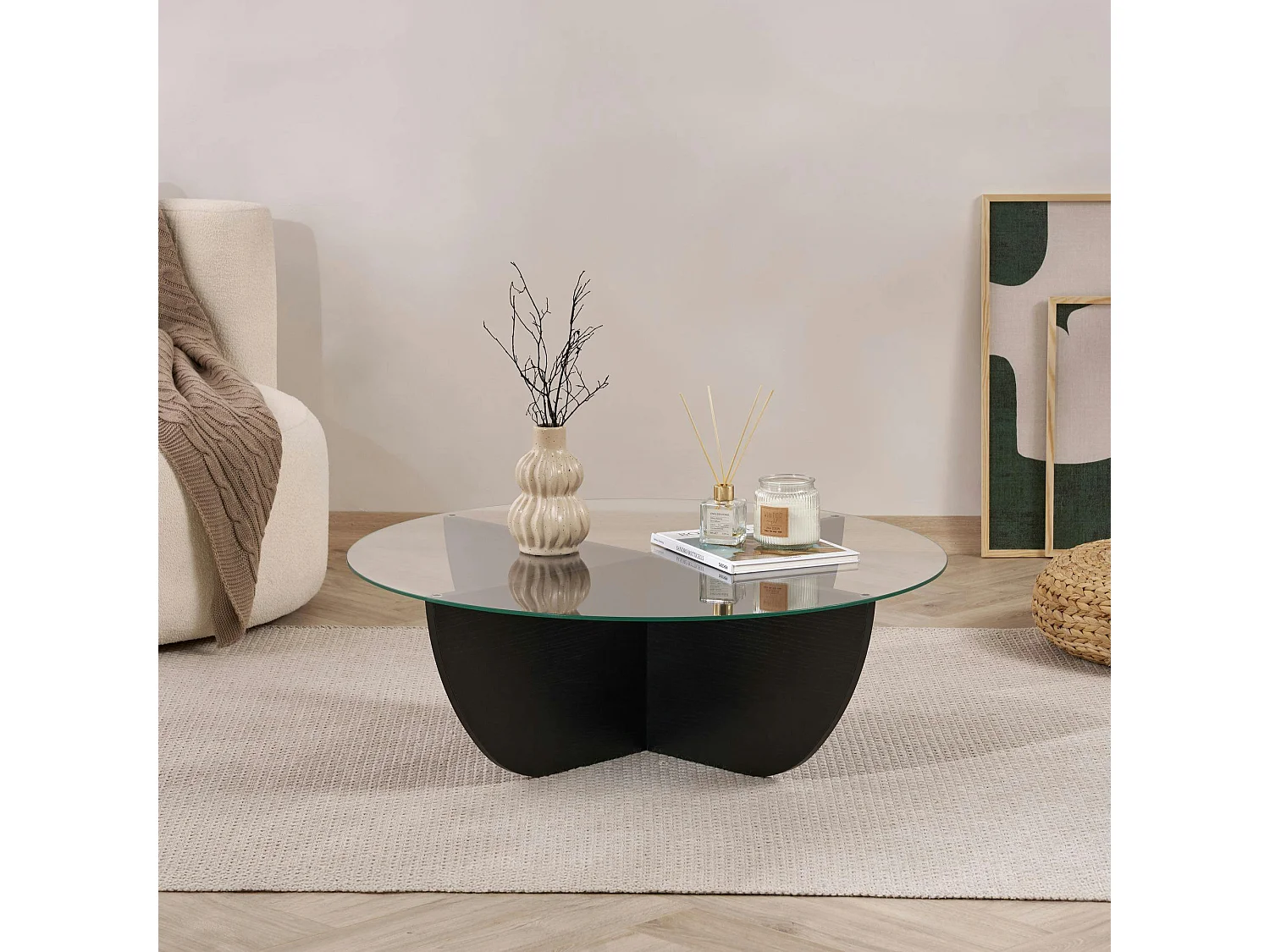 Table basse ronde en verre pied croisé effet bois noir SALTA