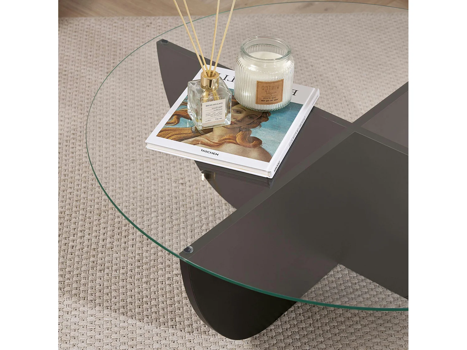 Table basse ronde en verre pied croisé effet bois noir SALTA