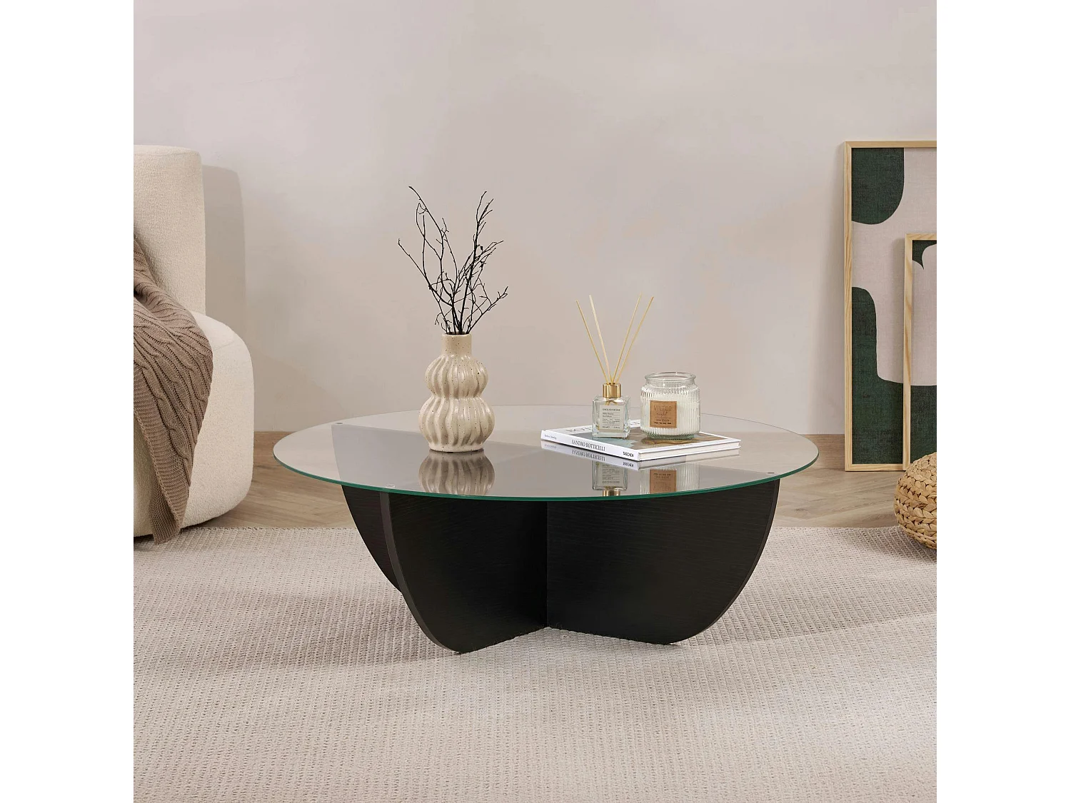 Table basse ronde en verre pied croisé effet bois noir SALTA