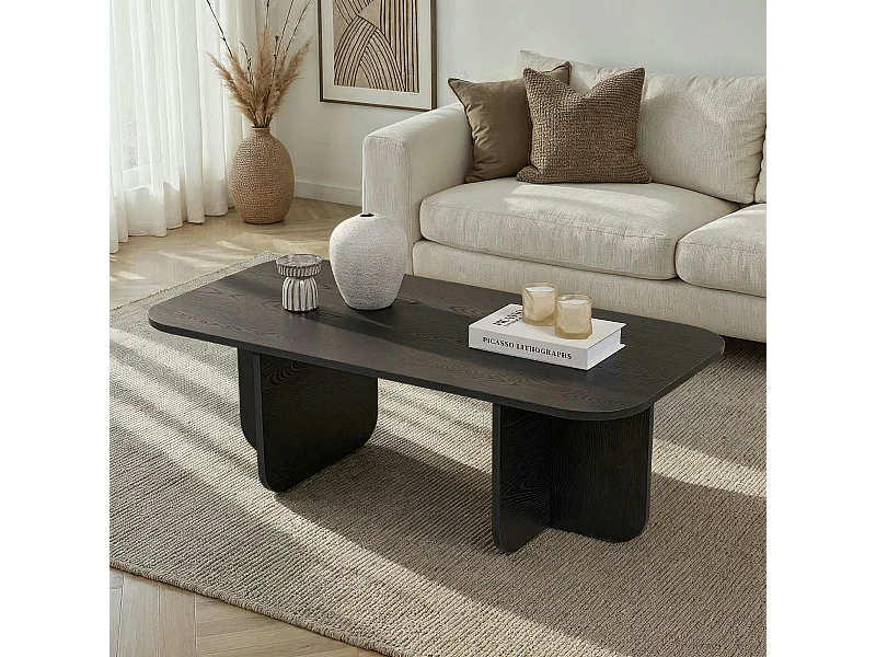 Table basse rectangulaire effet bois noir bords ronds MARFA