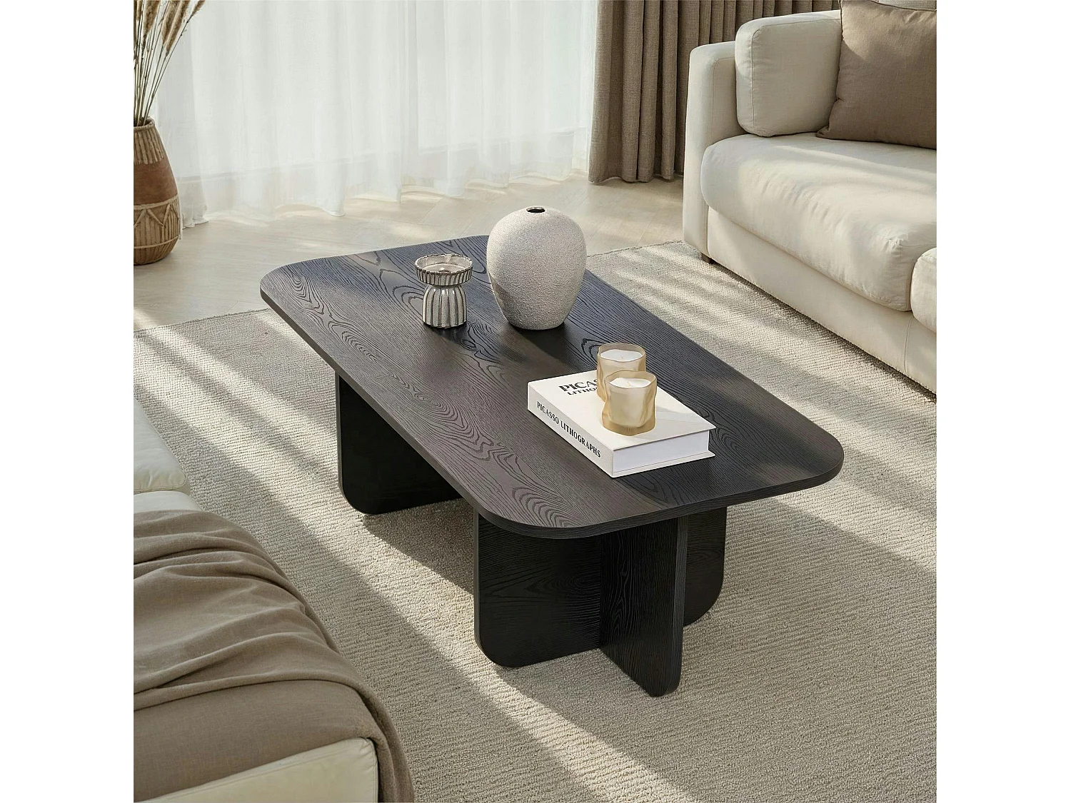 Table basse rectangulaire effet bois noir bords ronds MARFA