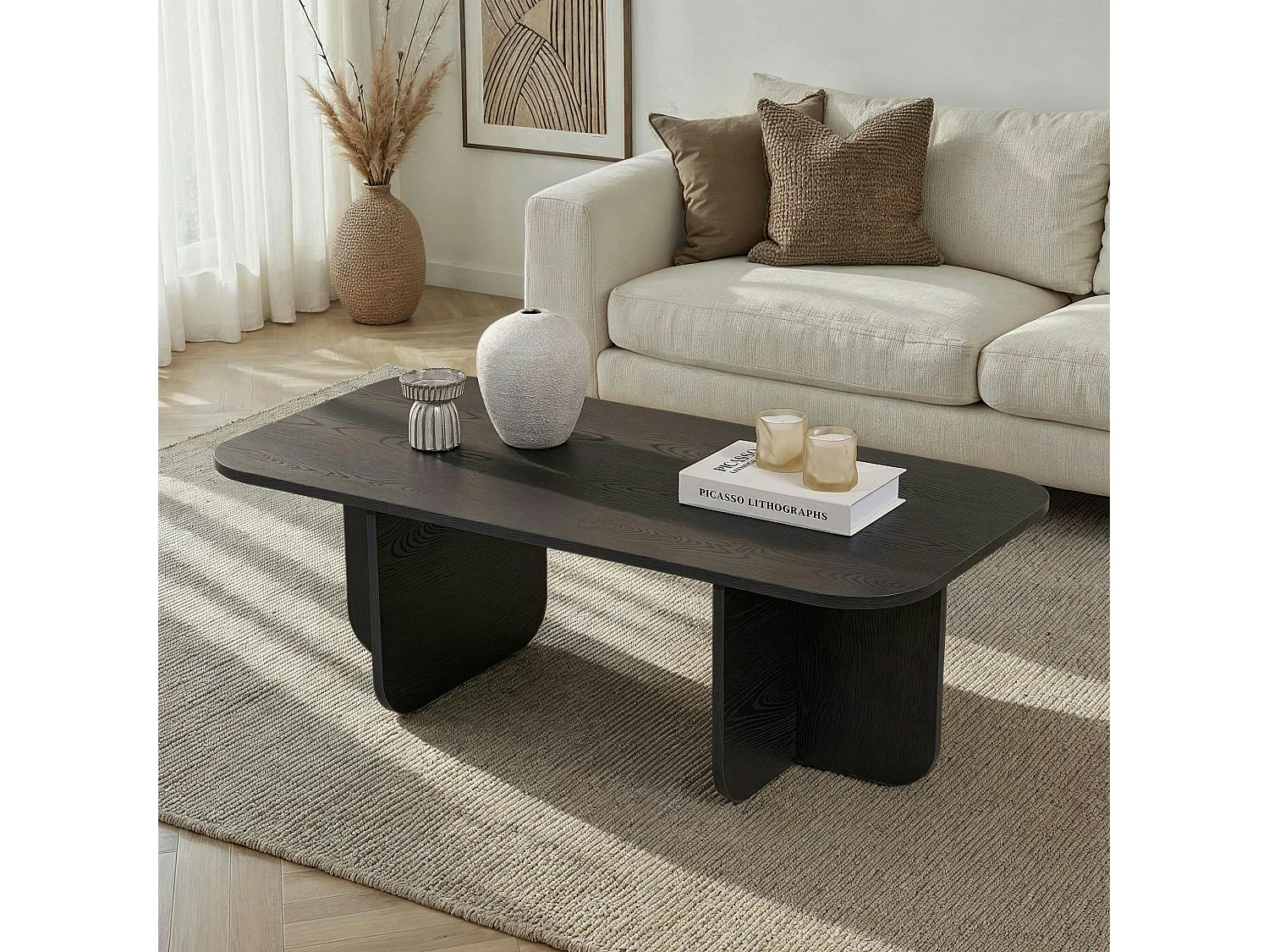 Table basse rectangulaire effet bois noir bords ronds MARFA