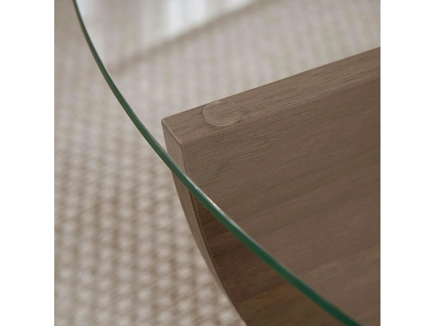 Table basse ronde en verre pied croisé effet noyer SALTA