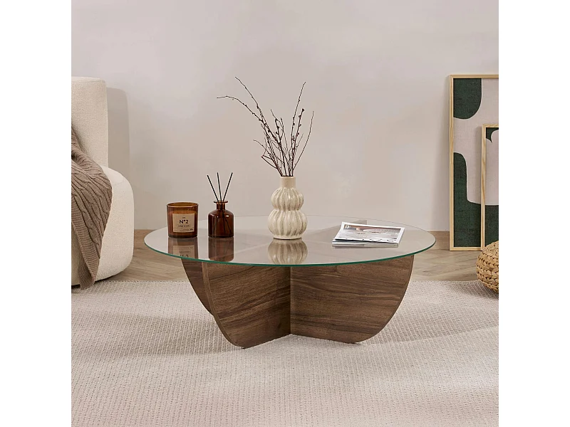 Table basse ronde en verre pied croisé effet noyer SALTA