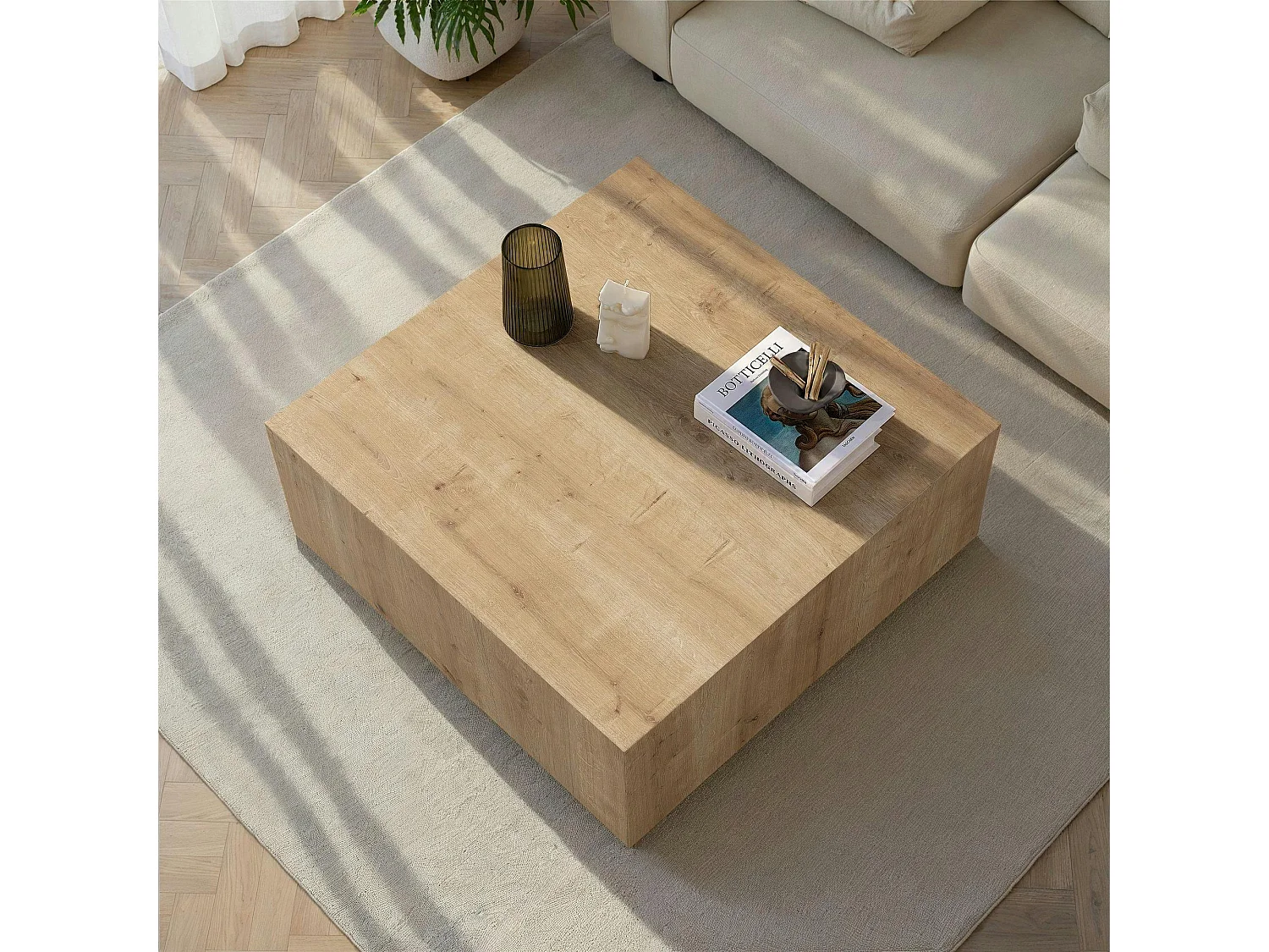 Table basse carrée effet bois clair roulettes invisibles MARFA