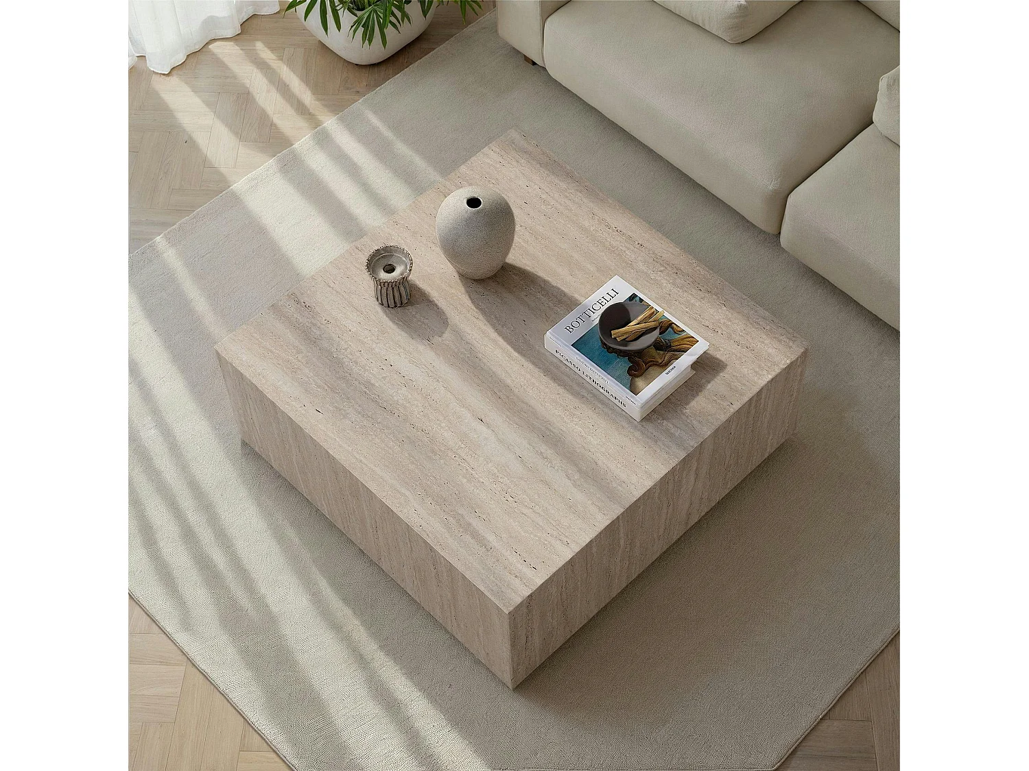 Table basse carrée effet travertin roulettes invisibles MARFA