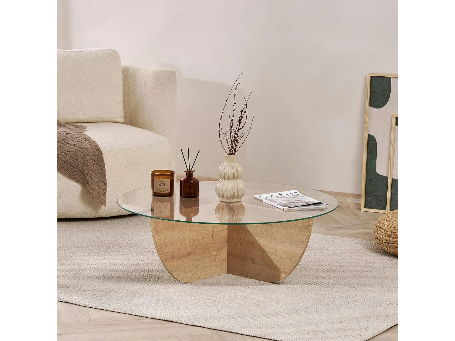 Table basse ronde en verre pied croisé effet bois SALTA