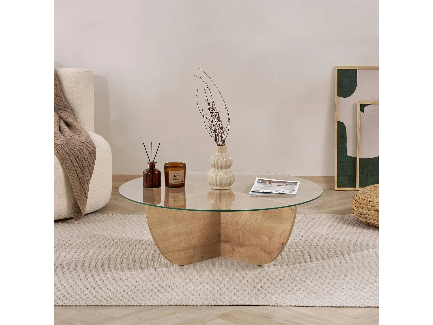 Table basse ronde en verre pied croisé effet bois SALTA