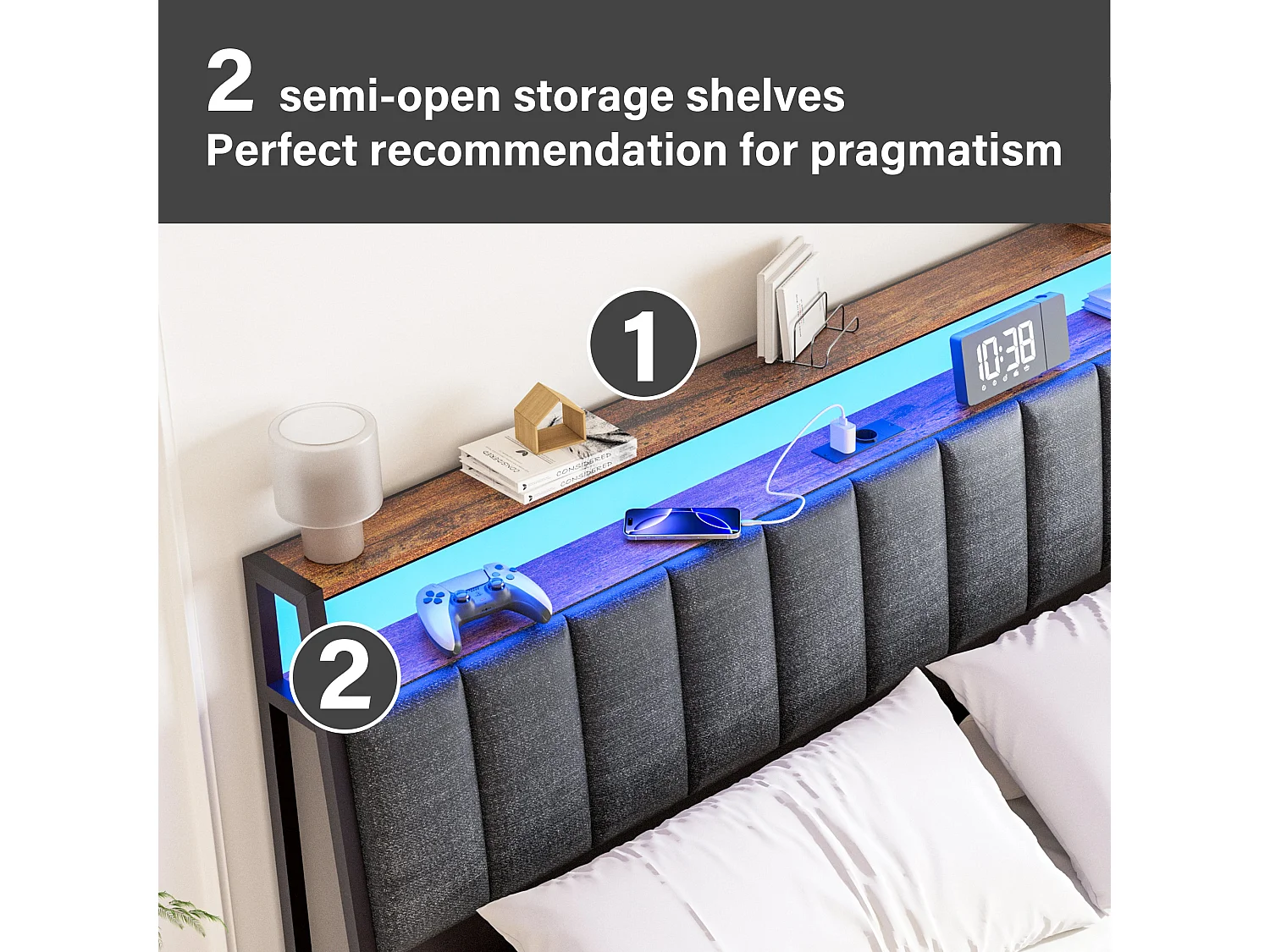 Cadre de lit 140 x 190 avec Base en métal, lit 2 Personnes, avec lumières LED et Prises Multiples (1 Prise AC, 2 Ports USB), avec casier, Hauteur 26,5 cm