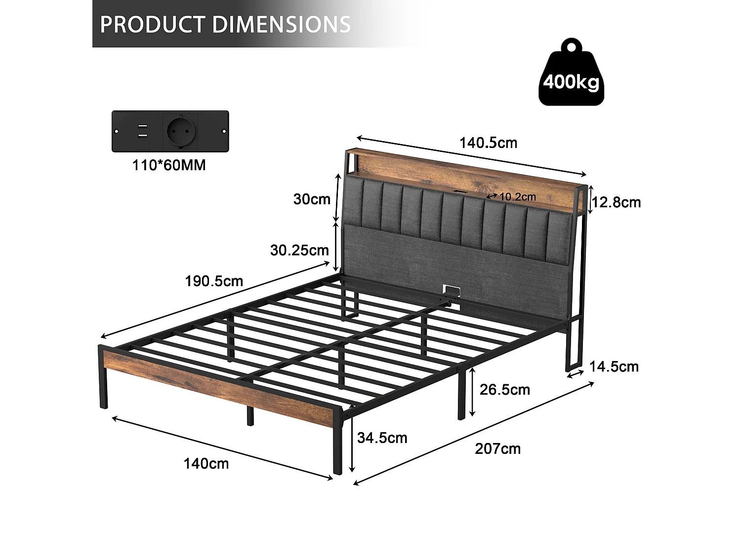 Cadre de lit 140 x 190 avec Base en métal, lit 2 Personnes, avec lumières LED et Prises Multiples (1 Prise AC, 2 Ports USB), avec casier, Hauteur 26,5 cm