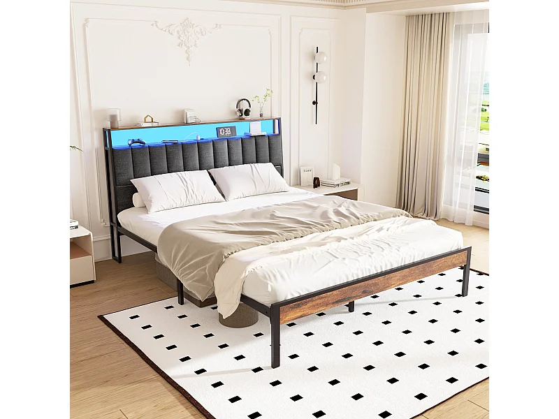 Cadre de lit 140 x 190 avec Base en métal, lit 2 Personnes, avec lumières LED et Prises Multiples (1 Prise AC, 2 Ports USB), avec casier, Hauteur 26,5 cm