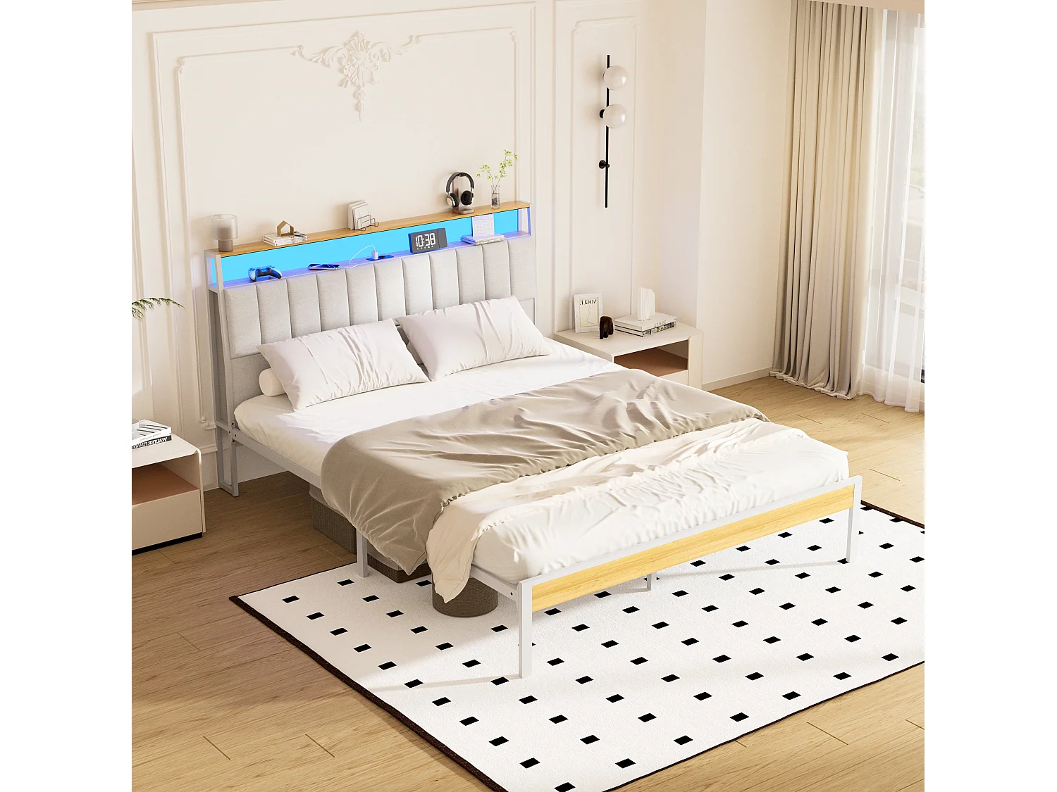 Cadre de lit, 140 x 190 avec Base en métal, lit 2 Personnes, avec lumières LED et Prises Multiples (1 Prise AC, 2 Ports USB), lit Double en métal avec casiers