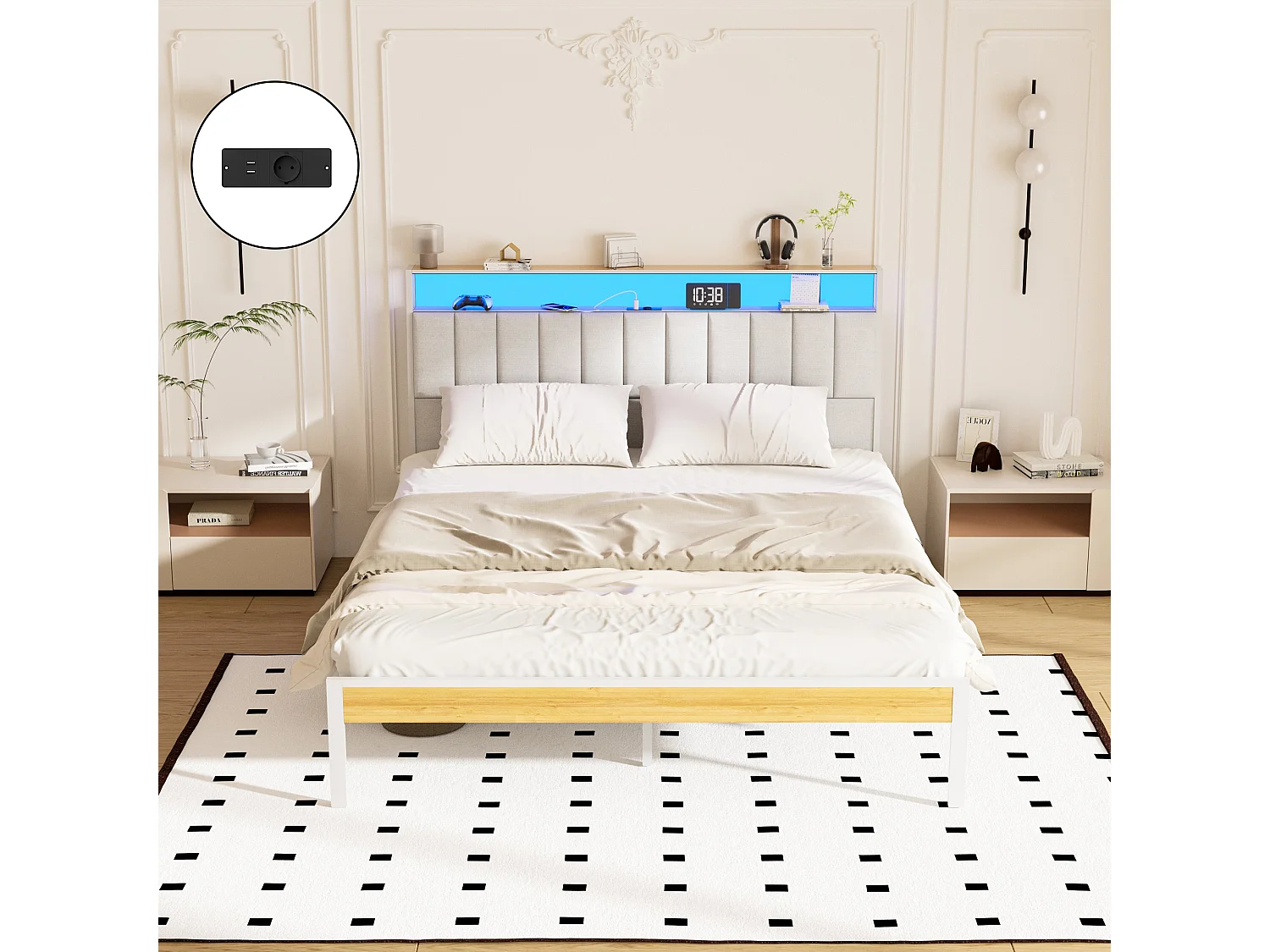 Cadre de lit, 140 x 190 avec Base en métal, lit 2 Personnes, avec lumières LED et Prises Multiples (1 Prise AC, 2 Ports USB), lit Double en métal avec casiers