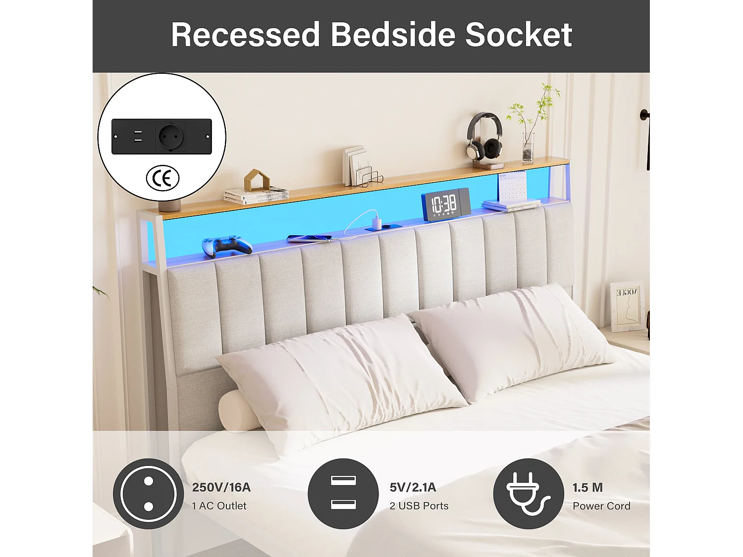 Cadre de lit, 140 x 190 avec Base en métal, lit 2 Personnes, avec lumières LED et Prises Multiples (1 Prise AC, 2 Ports USB), lit Double en métal avec casiers