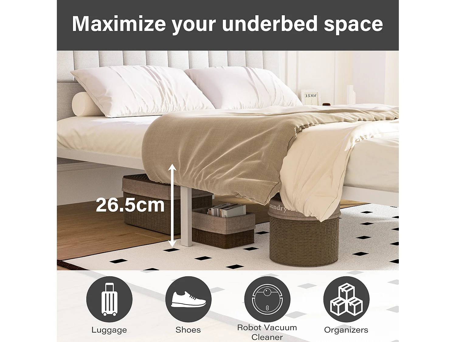 Cadre de lit, 140 x 190 avec Base en métal, lit 2 Personnes, avec lumières LED et Prises Multiples (1 Prise AC, 2 Ports USB), lit Double en métal avec casiers