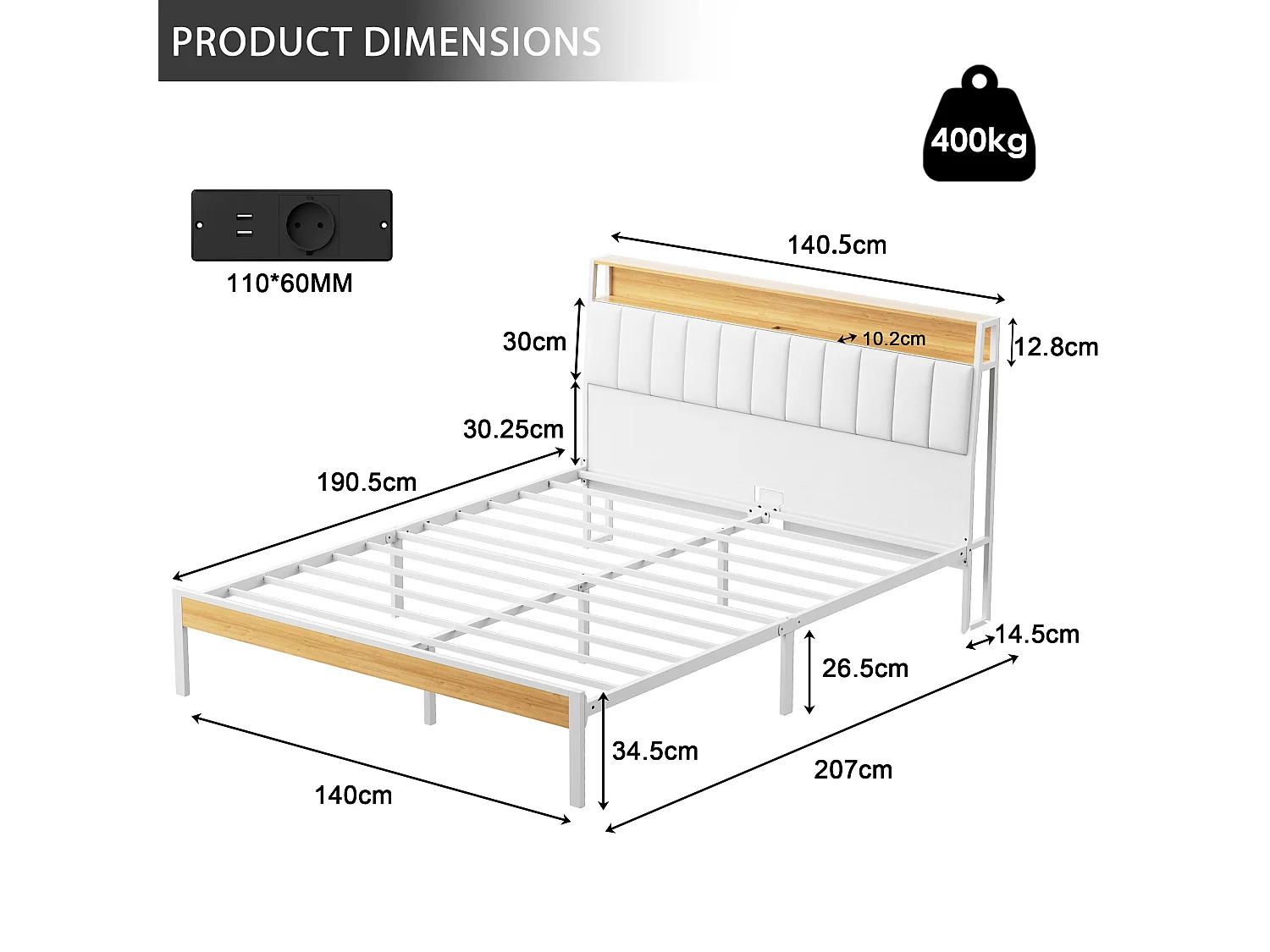 Cadre de lit, 140 x 190 avec Base en métal, lit 2 Personnes, avec lumières LED et Prises Multiples (1 Prise AC, 2 Ports USB), lit Double en métal avec casiers