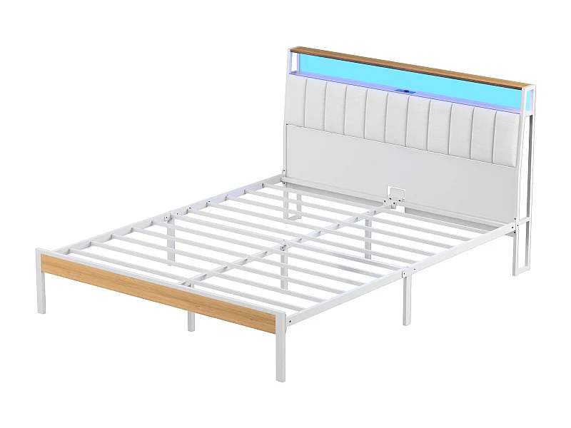 Cadre de lit, 140 x 190 avec Base en métal, lit 2 Personnes, avec lumières LED et Prises Multiples (1 Prise AC, 2 Ports USB), lit Double en métal avec casiers