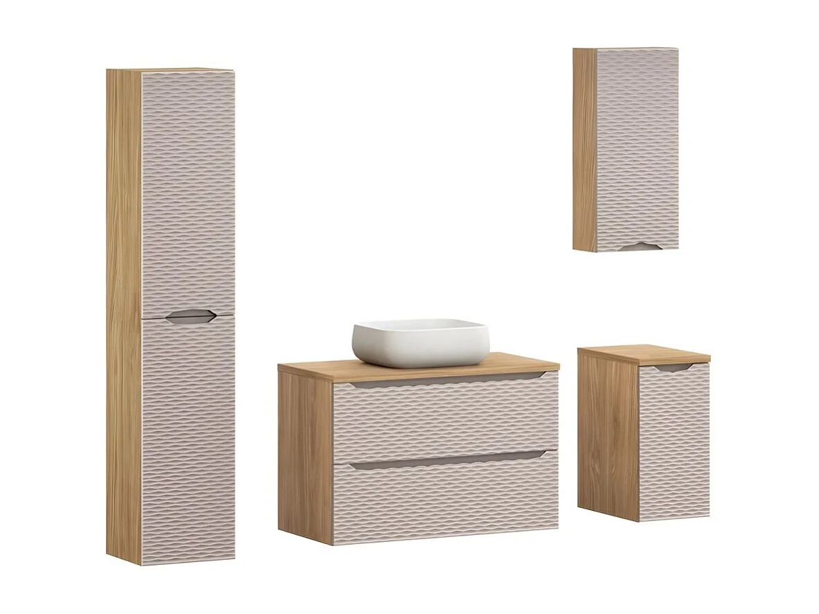 Ensemble de salle de bain YOKA beige : meuble sous vasque + plan vasque + vasque à poser + colonne de rangement + 2 meubles de r