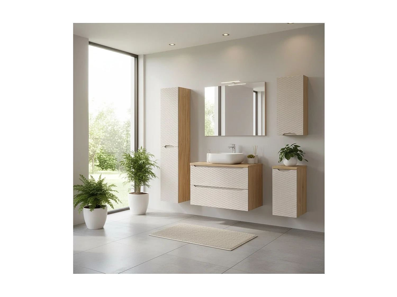 Ensemble de salle de bain YOKA beige : meuble sous vasque + plan vasque + vasque à poser + colonne de rangement + 2 meubles de r