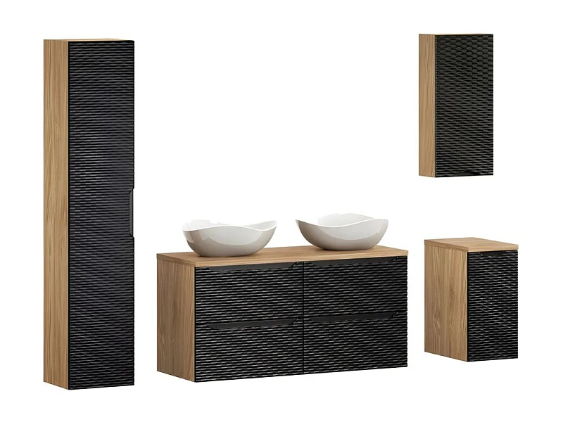 Ensemble de salle de bain YOKA noir : meubles sous vasque + plan vasque + 2 vasques + 2 meubles et 1 colonne de rangement