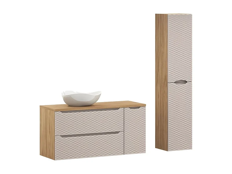 Ensemble de salle de bain YOKA beige : meuble sous vasque 120 cm + plan vasque + vasque à poser + colonne de rangement