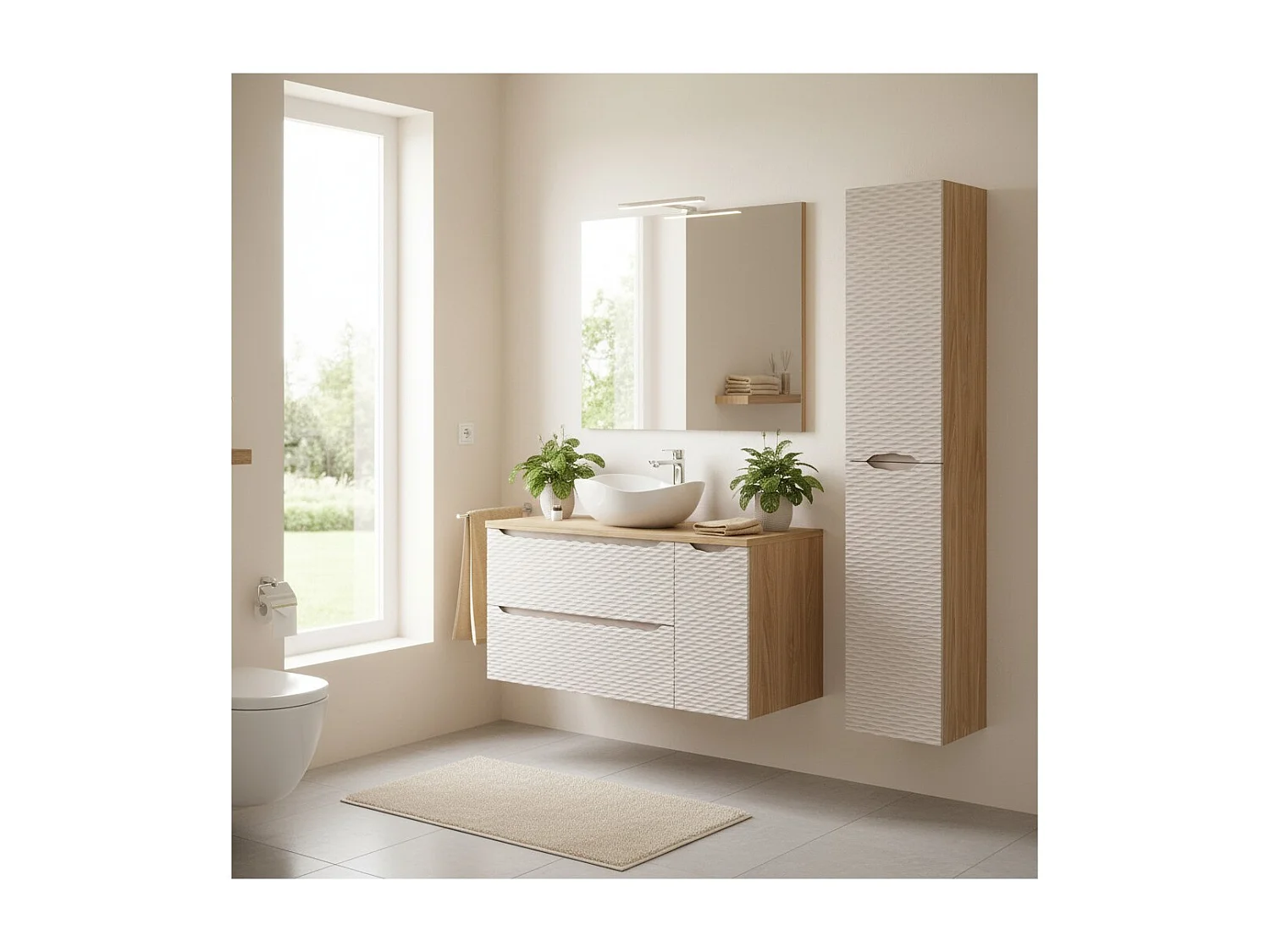 Ensemble de salle de bain YOKA beige : meuble sous vasque 120 cm + plan vasque + vasque à poser + colonne de rangement