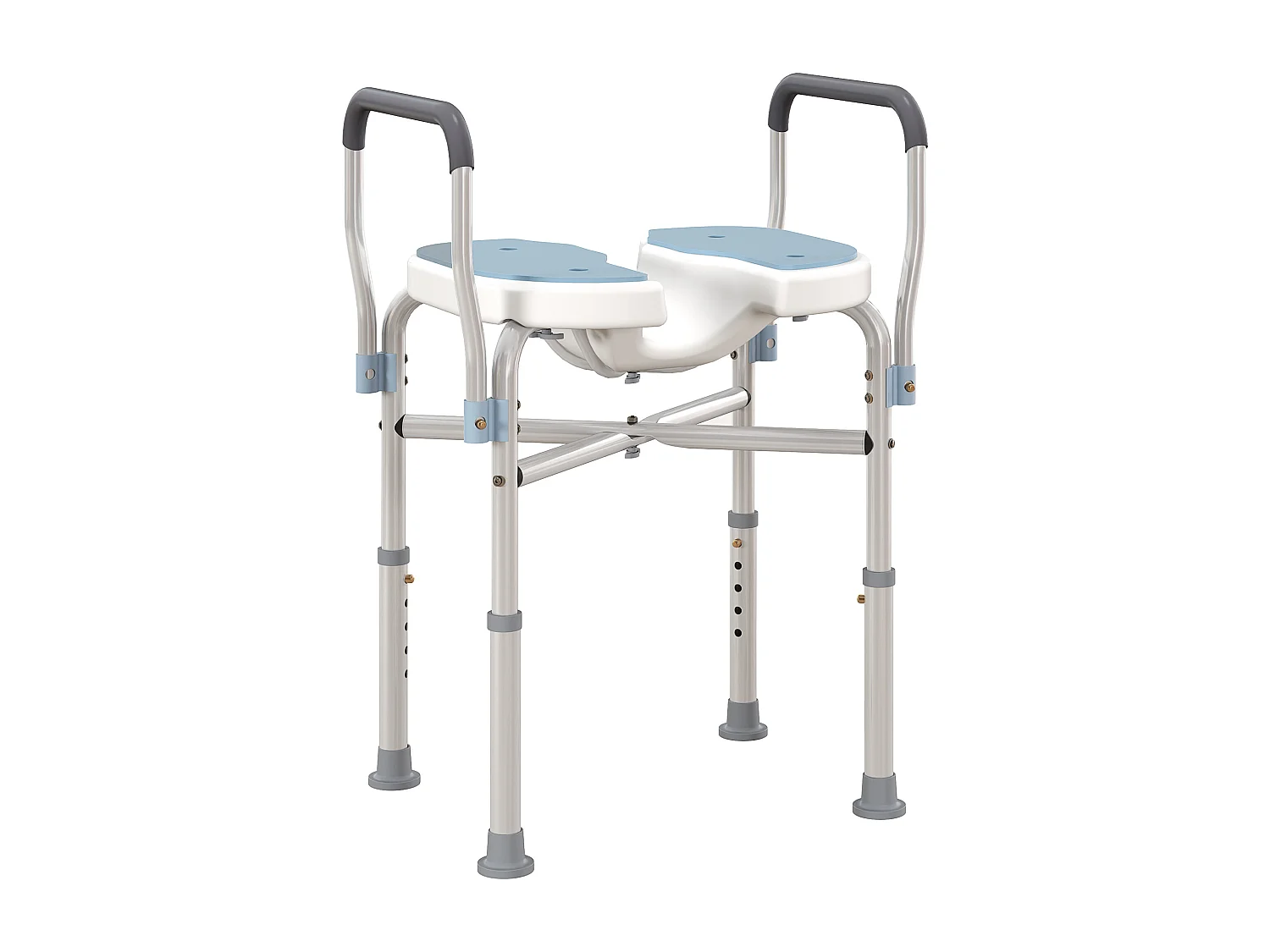 Siège de douche avec accoudoirs hauteur réglable antidérapant alu HDPE bleu balnc gris