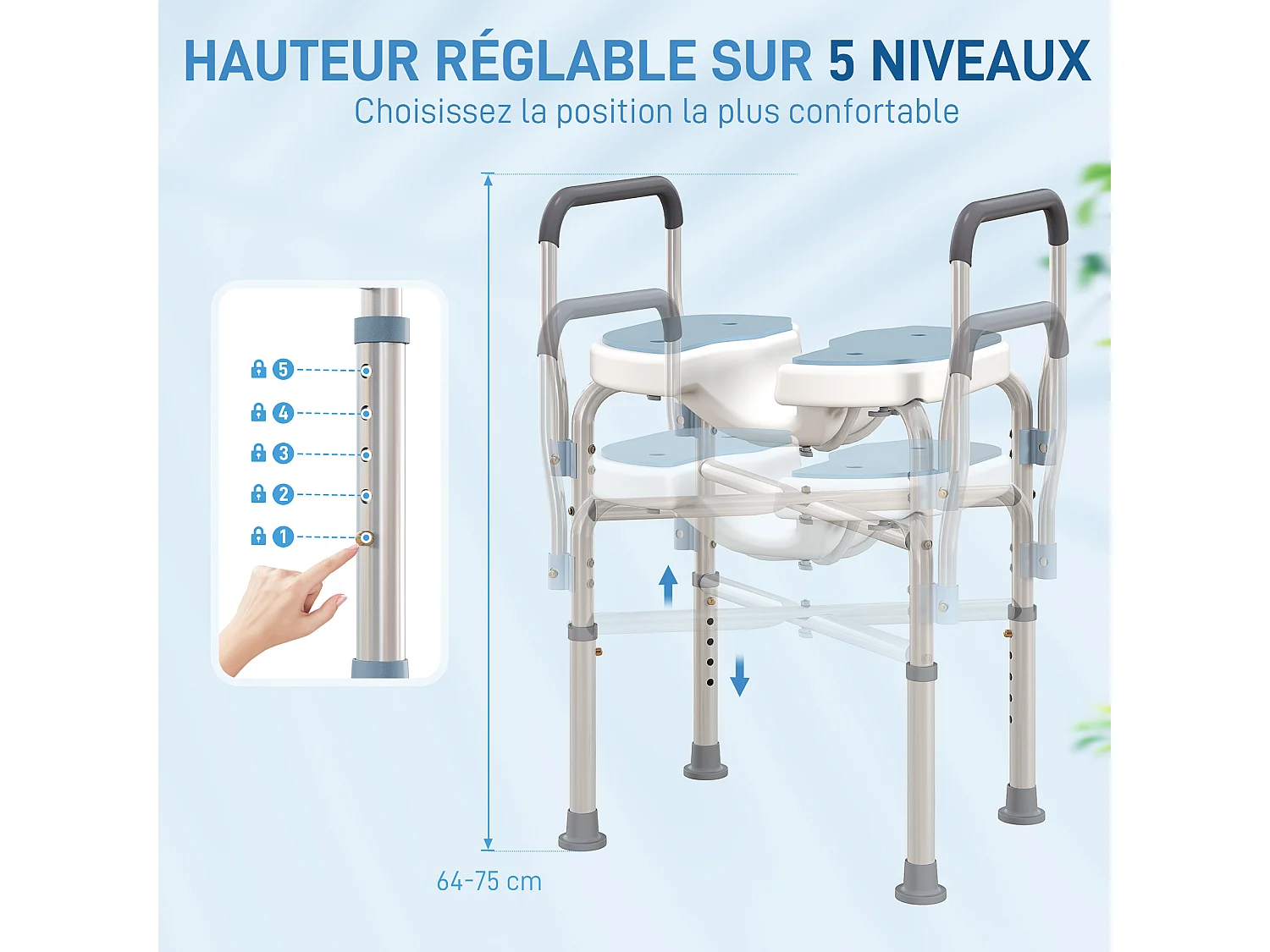 Siège de douche avec accoudoirs hauteur réglable antidérapant alu HDPE bleu balnc gris