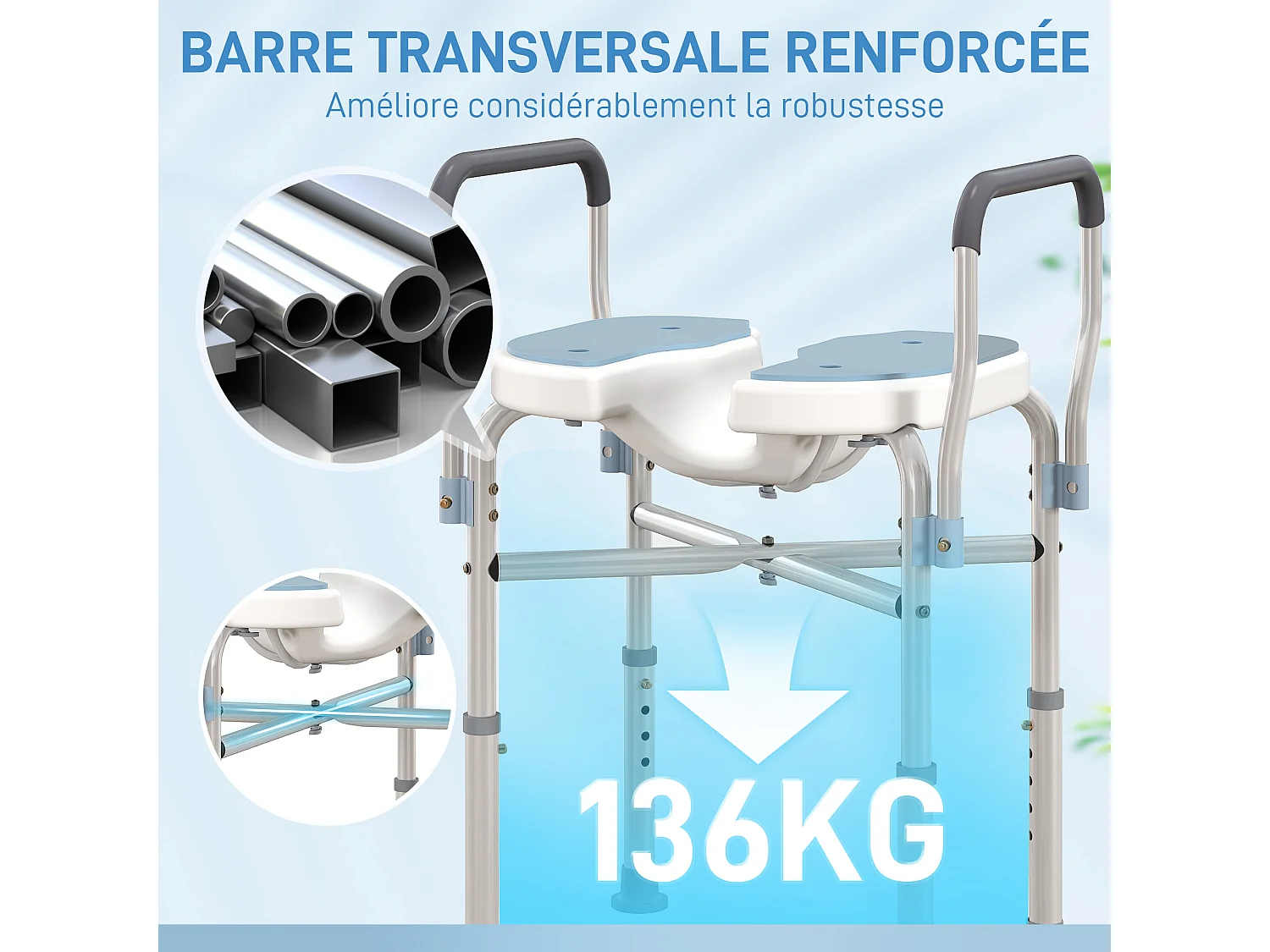 Siège de douche avec accoudoirs hauteur réglable antidérapant alu HDPE bleu balnc gris