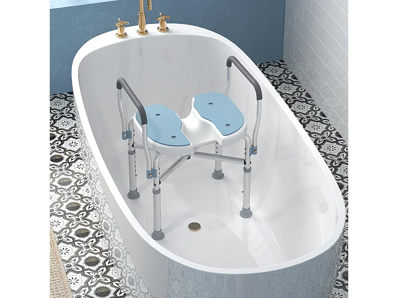 Siège de douche avec accoudoirs hauteur réglable antidérapant alu HDPE bleu balnc gris