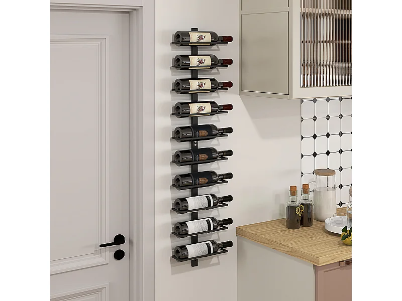 Porte-bouteilles mural 10 bouteilles - casier à vin mural - dim. 27 x 10 x 116 cm - acier noir