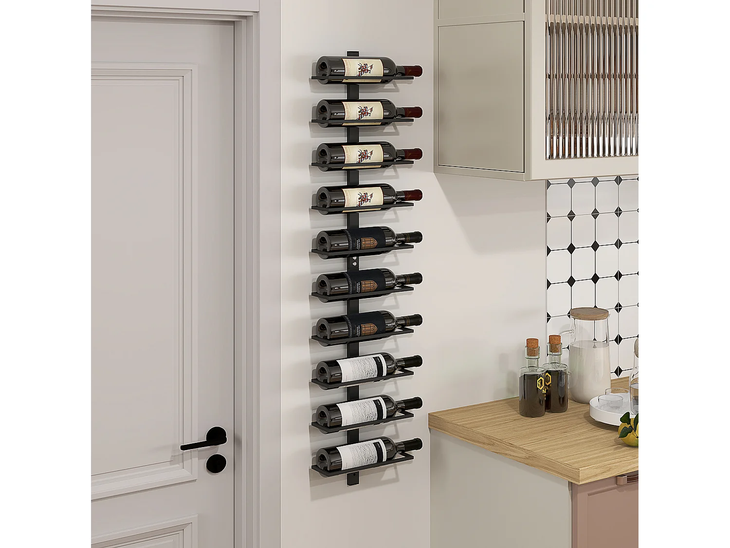 Porte-bouteilles mural 10 bouteilles - casier à vin mural - dim. 27 x 10 x 116 cm - acier noir