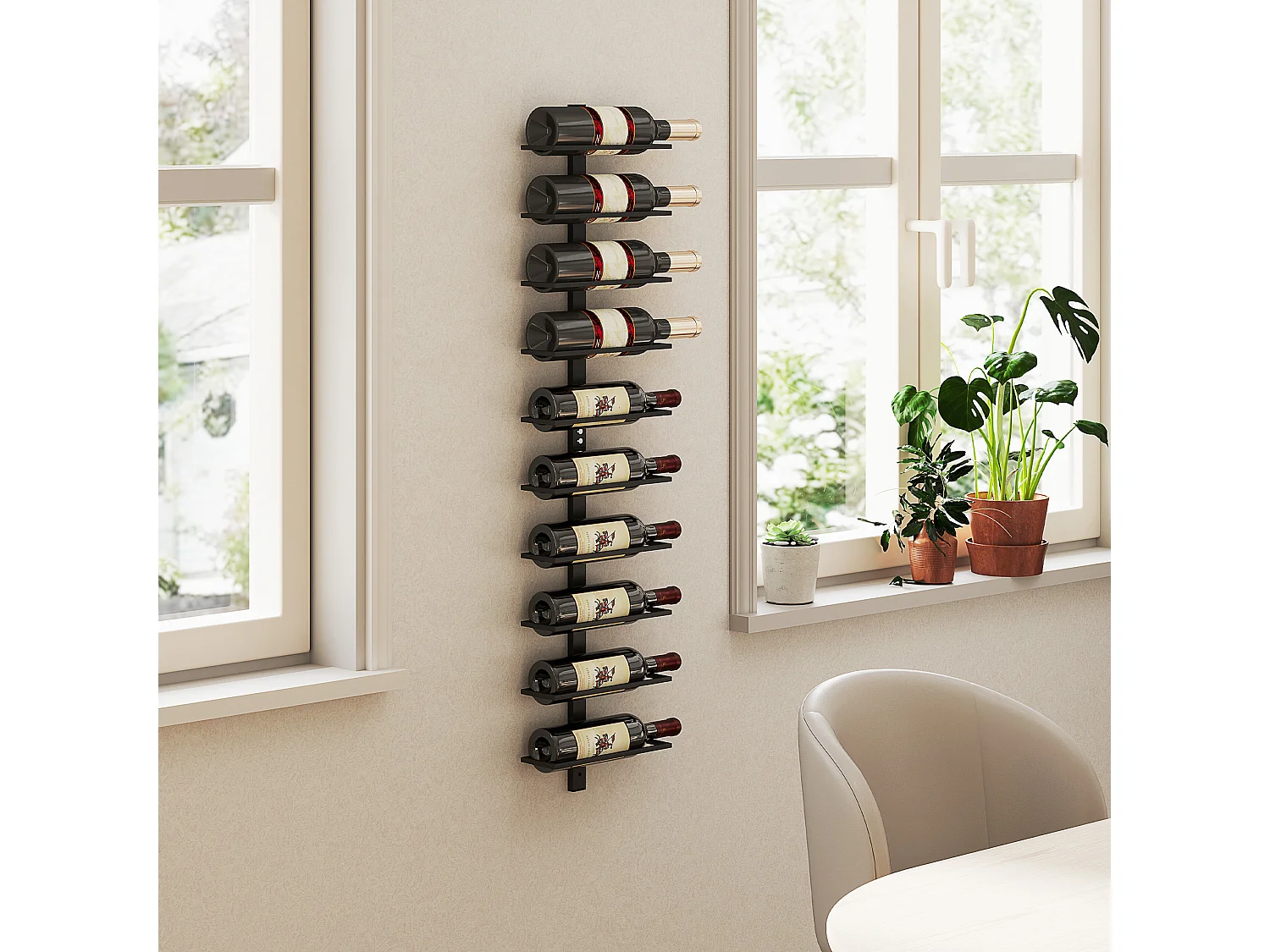 Porte-bouteilles mural 10 bouteilles - casier à vin mural - dim. 27 x 10 x 116 cm - acier noir