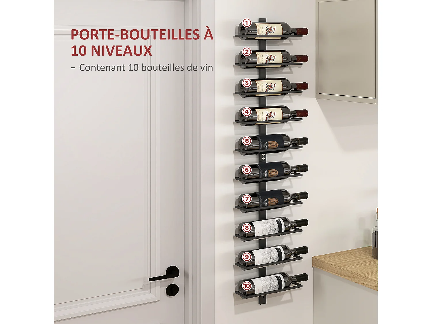 Porte-bouteilles mural 10 bouteilles - casier à vin mural - dim. 27 x 10 x 116 cm - acier noir