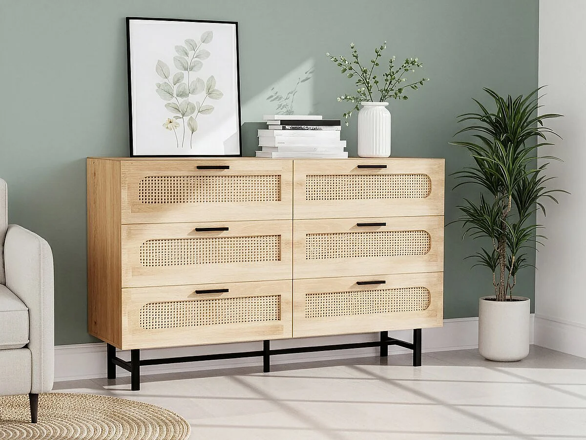 Commode en bois et cannage "Harrison" - 120 x 40 x 75 cm - Beige