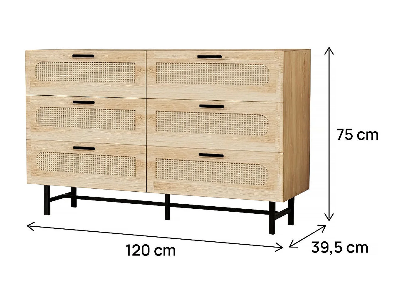 Commode en bois et cannage "Harrison" - 120 x 40 x 75 cm - Beige