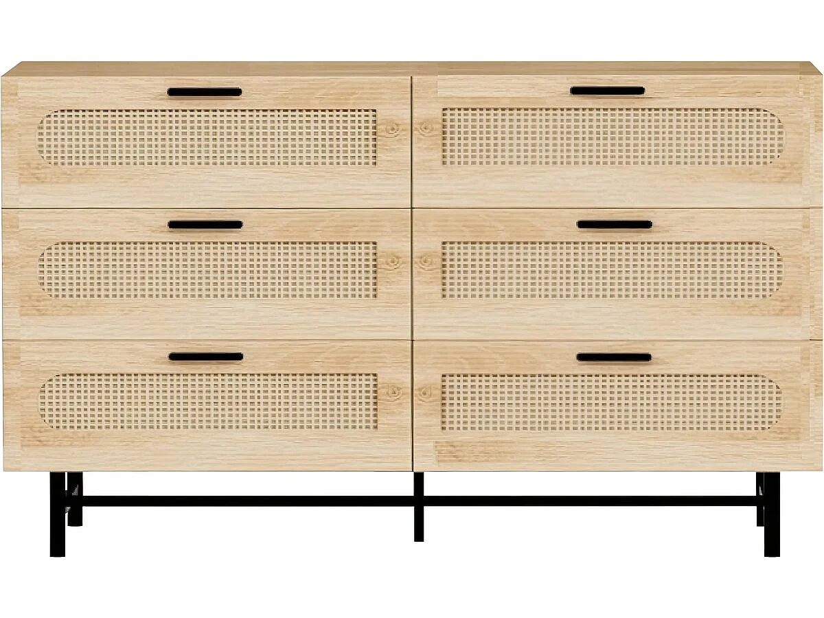 Cômoda de madeira bege "Harrison" 6 gavetas 120x40x75 cm com pés de metal, design natural e amplo espaço de armazenamento
