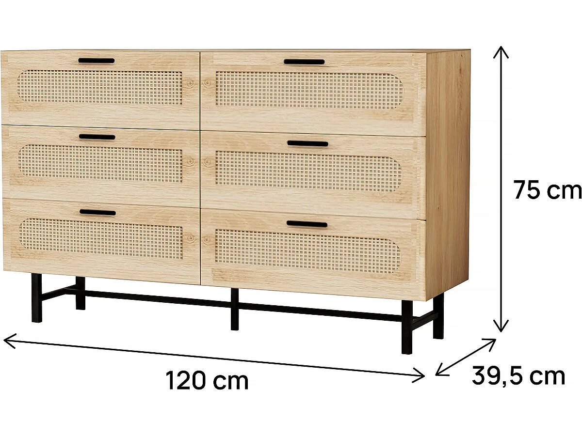 Cômoda de madeira bege "Harrison" 6 gavetas 120x40x75 cm com pés de metal, design natural e amplo espaço de armazenamento