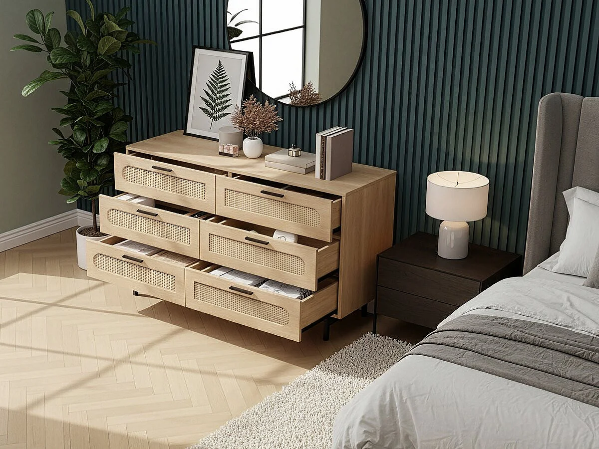 Cômoda de madeira bege "Harrison" 6 gavetas 120x40x75 cm com pés de metal, design natural e amplo espaço de armazenamento