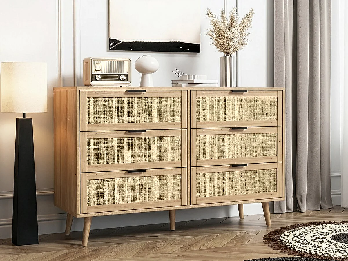 Commode en bois et cannage "Preston" - 120 x 40 x 75 cm - Beige