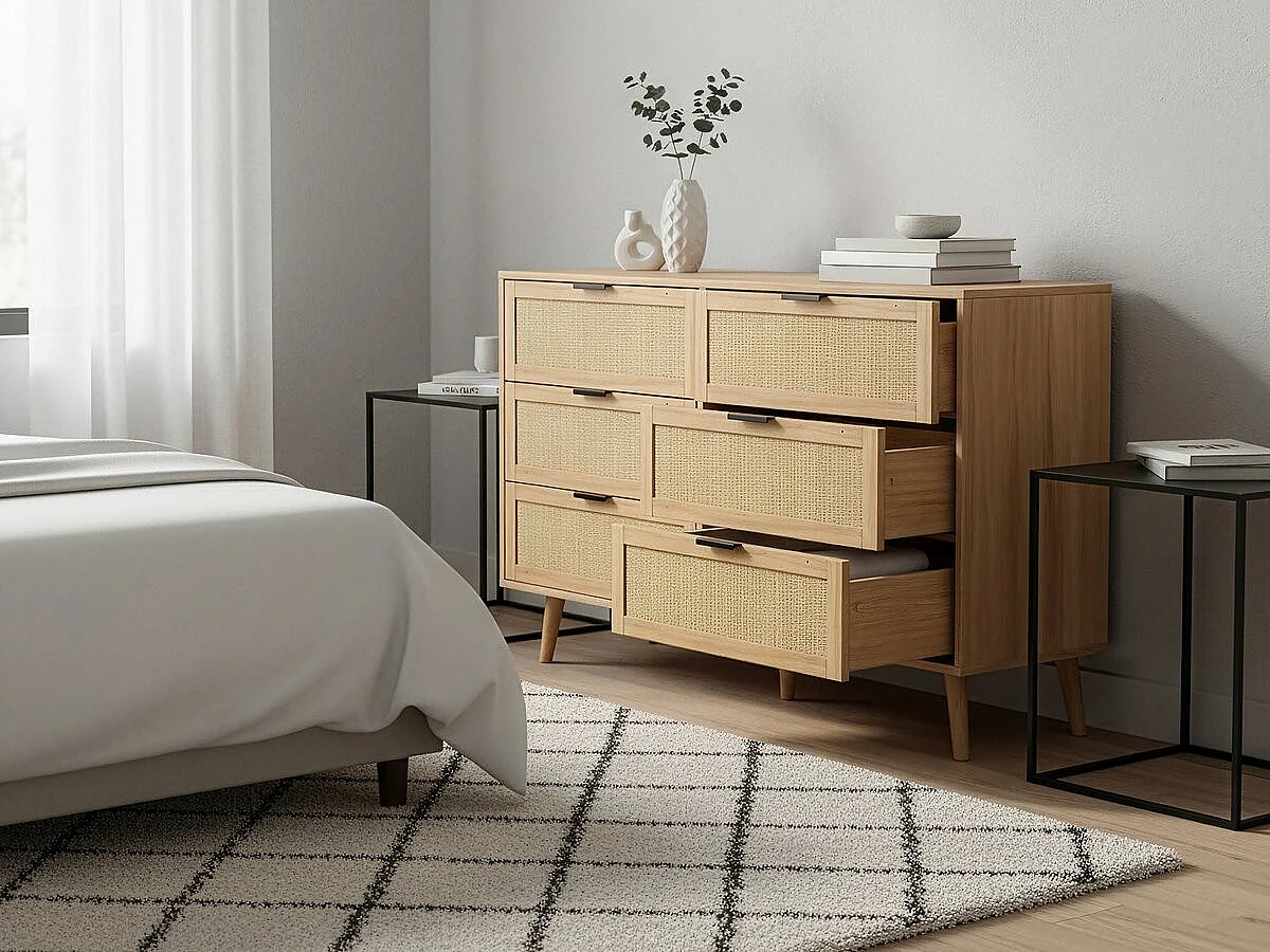 Commode en bois et cannage "Preston" - 120 x 40 x 75 cm - Beige