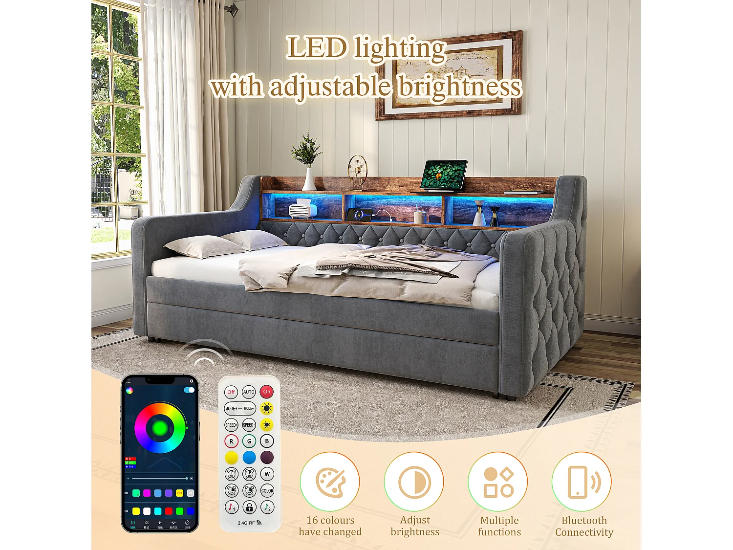 Lit Escamotable 2 Places 90x190 cm - Canapé-lit Velours Luxe avec Rangement - Ports USB et Type-C Intégrés - Éclairage LED Multicolore - Idéal pour Petits Espaces