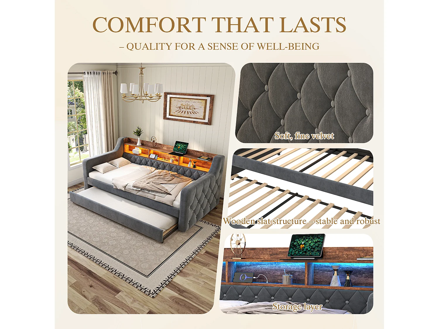 Lit Escamotable 2 Places 90x190 cm - Canapé-lit Velours Luxe avec Rangement - Ports USB et Type-C Intégrés - Éclairage LED Multicolore - Idéal pour Petits Espaces