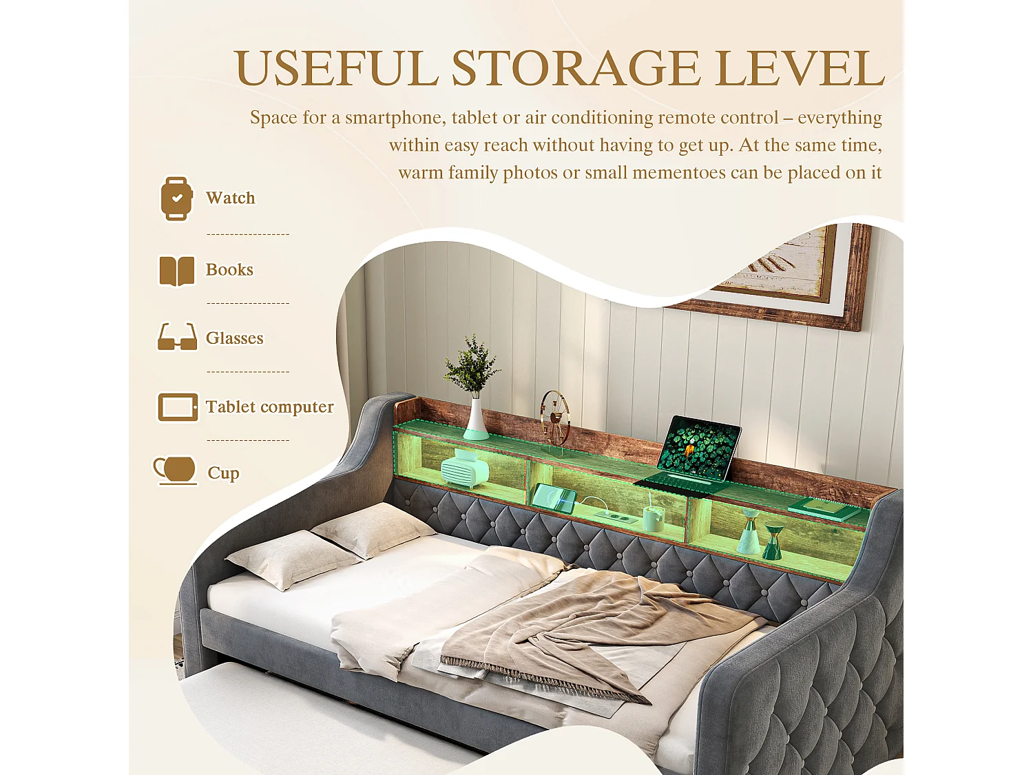 Lit Escamotable 2 Places 90x190 cm - Canapé-lit Velours Luxe avec Rangement - Ports USB et Type-C Intégrés - Éclairage LED Multicolore - Idéal pour Petits Espaces