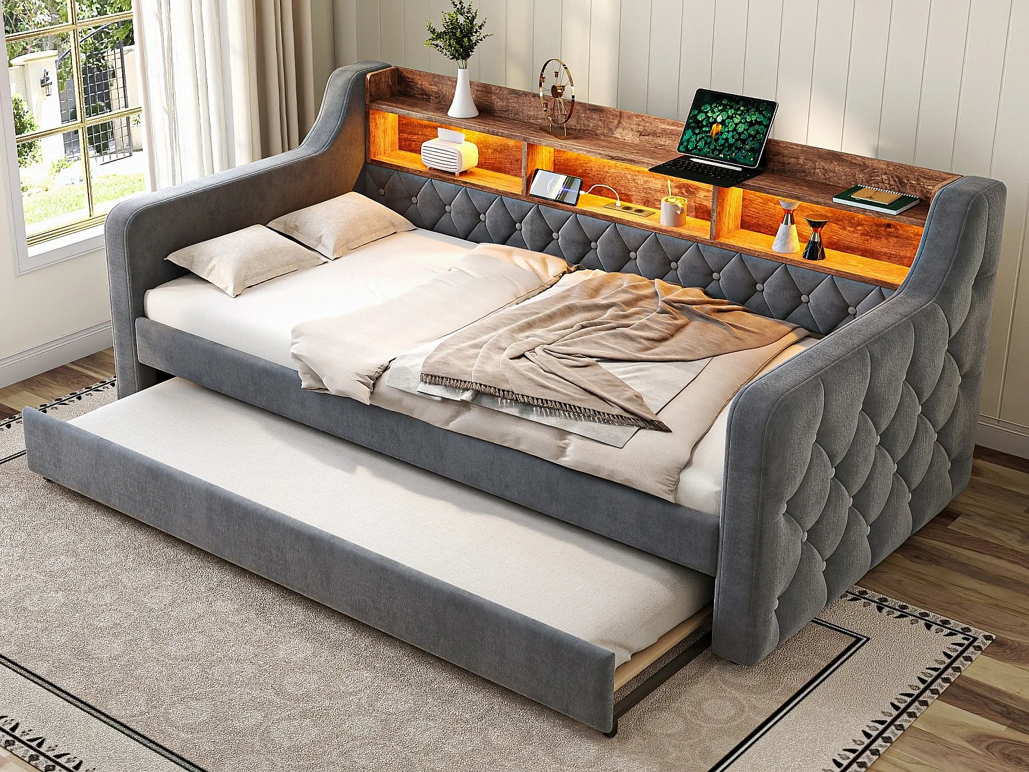 Snoozepop - Tweepersoons onderschuifbed 90x190 cm - Fluweel met opbergruimte - Geïntegreerde USB- en Type-C-poorten - LED-verlichting - Ideaal voor kleine ruimtes