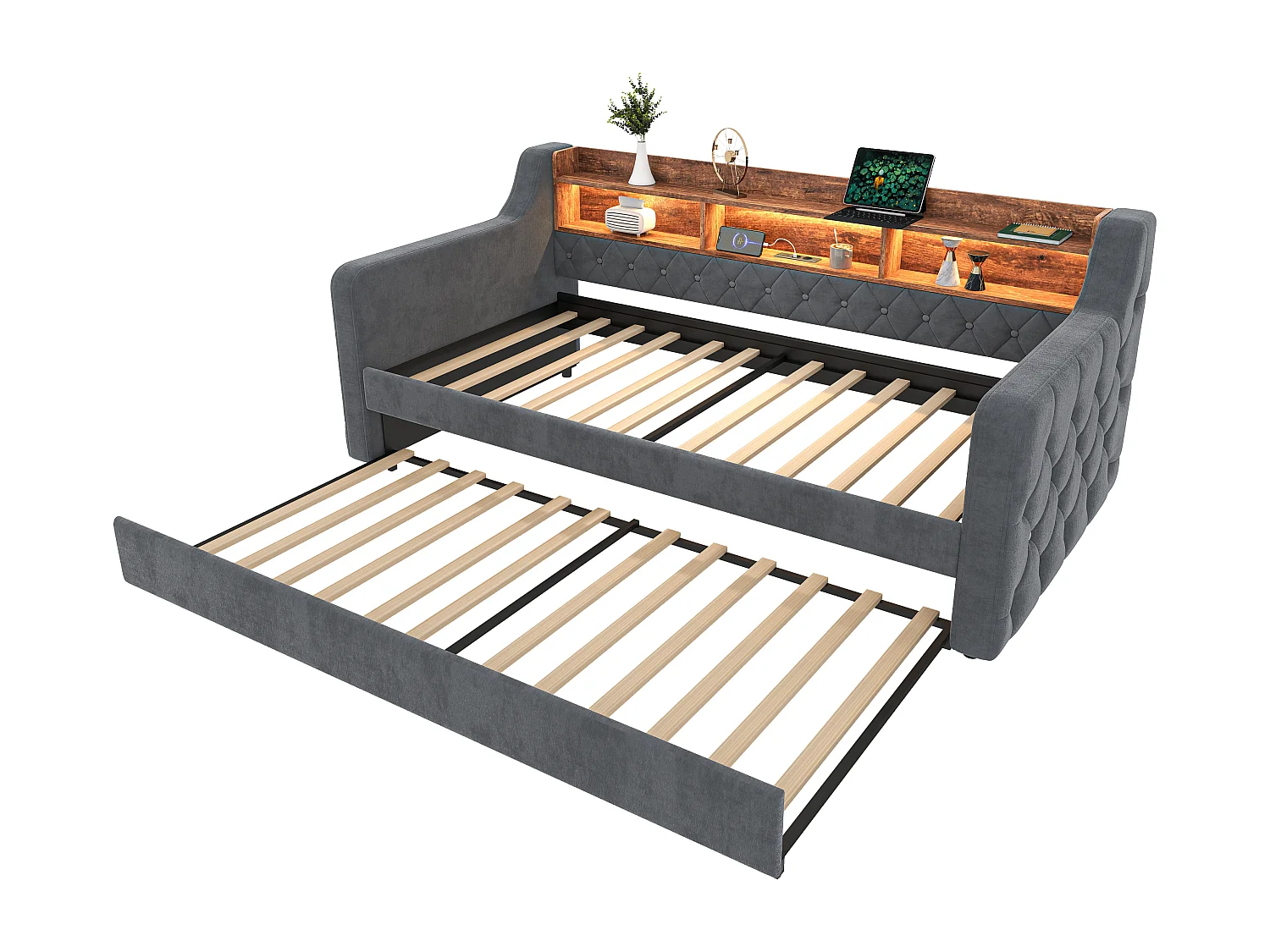 Snoozepop - Tweepersoons onderschuifbed 90x190 cm - Fluweel met opbergruimte - Geïntegreerde USB- en Type-C-poorten - LED-verlichting - Ideaal voor kleine ruimtes