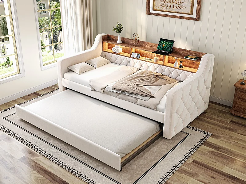 Lit Escamotable 2 Places 90x190 cm - Canapé-lit Velours Luxe avec Rangement - Ports USB et Type-C Intégrés - Éclairage LED Multicolore - Idéal pour Petits Espaces