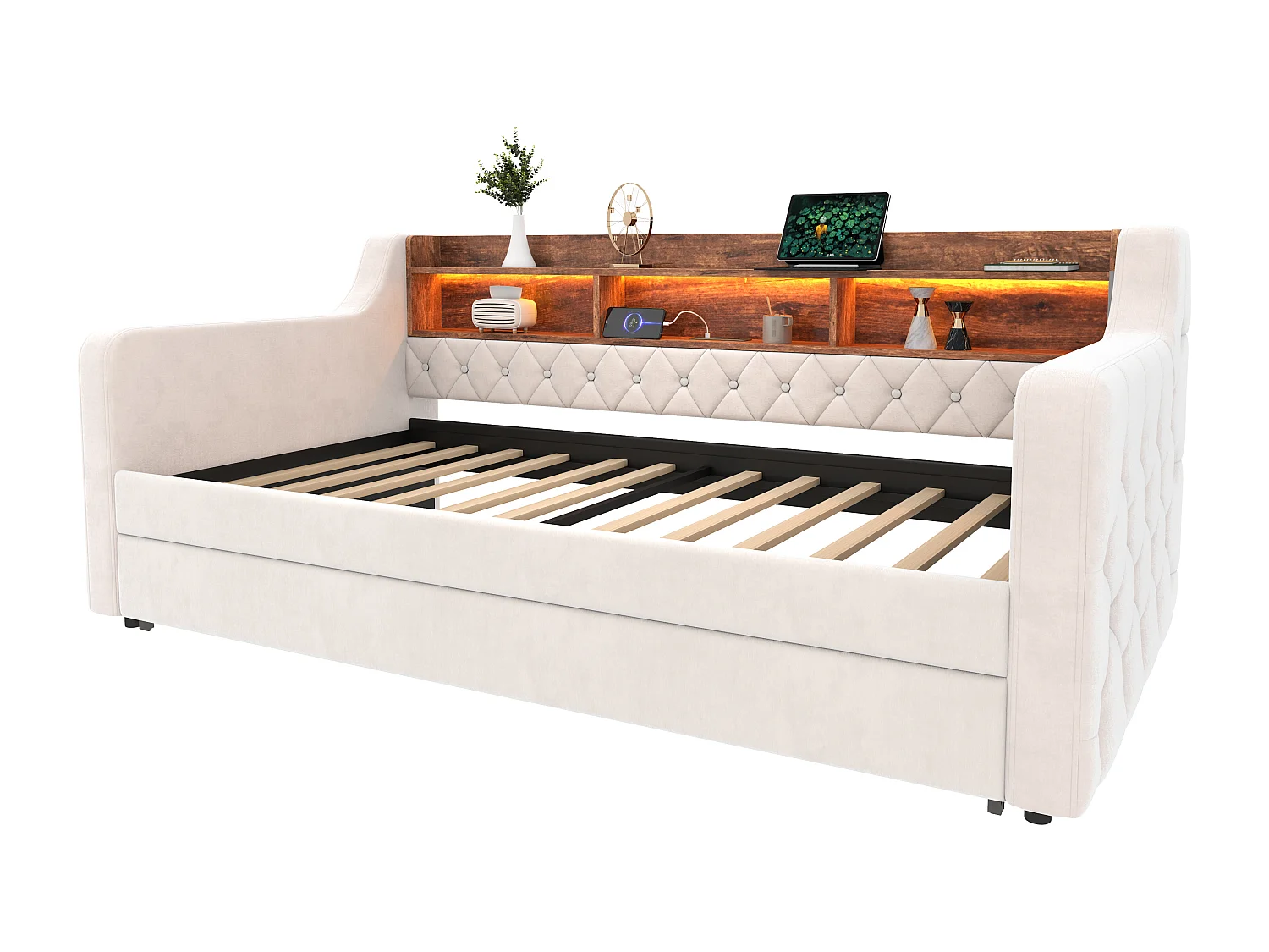 Snoozepop - Tweepersoons onderschuifbed 90x190 cm - Fluweel met opbergruimte - Geïntegreerde USB- en Type-C-poorten - LED-verlichting - Ideaal voor kleine ruimtes